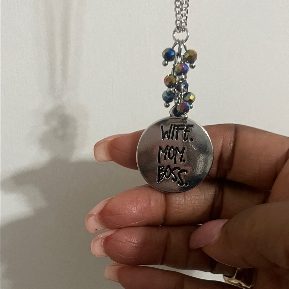 Silver Pendant Necklace and Earrings with Colorful Beads “Wife Mom Boss”